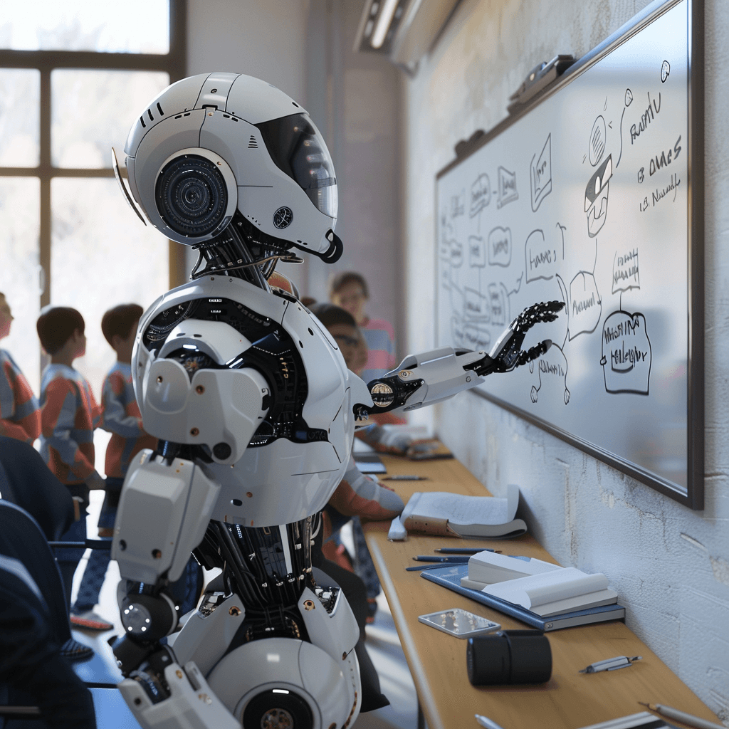 An AI assistant teaching at a whiteboard in front of students